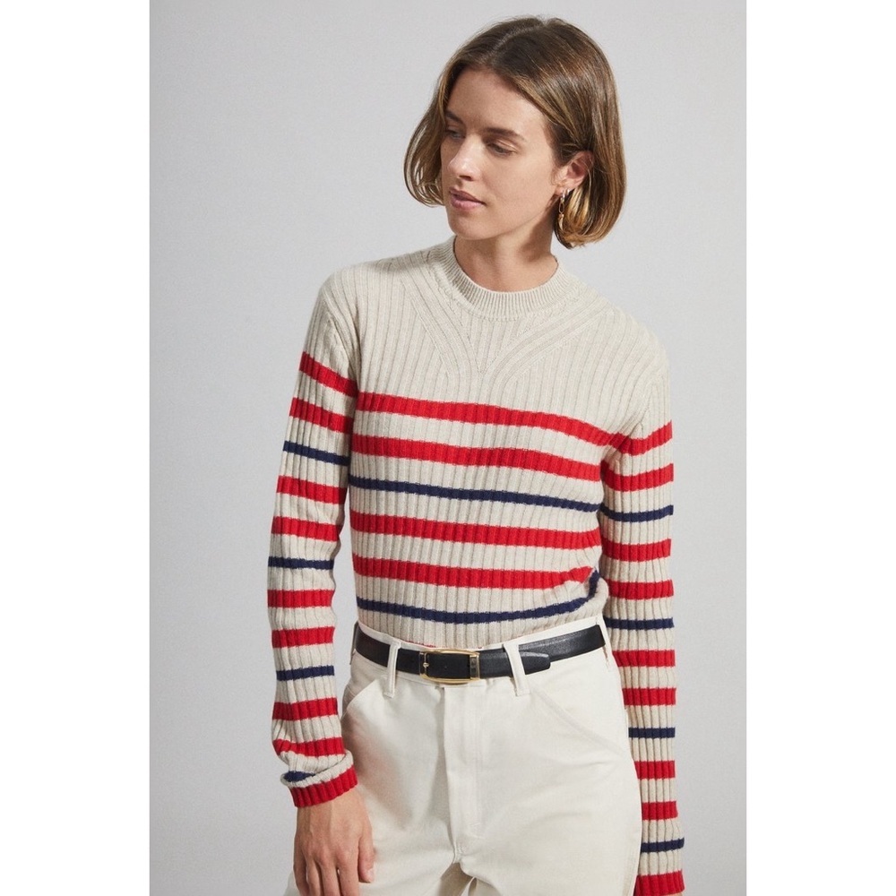PARADIS PERDUS Unisex CME Sweater in Beige Red Blue Stripe Tan Crewneck Cashmere